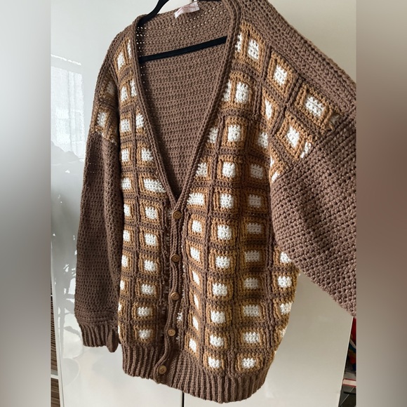 Brown and White handmade knit blanket cardigan Sweater one of a kind 3X Large - Picture 4 of 10